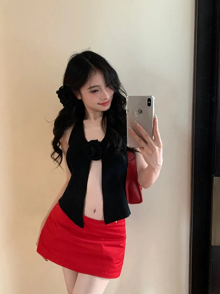Girlary Chic Three-dimensional Flower Slim Fitting Sleeveless Knitted Halter Top for Women Summer New V-neck Spice Girls Sexy Tank Top