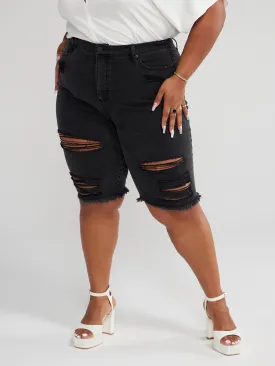 High Rise Destructed Bermuda Shorts