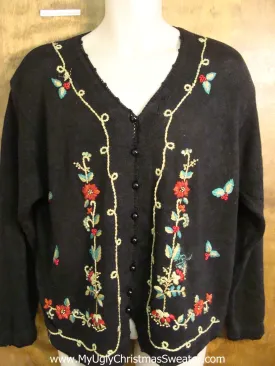 Holiday Sweater with Ivy and Poinsettias and Padded Shoulders