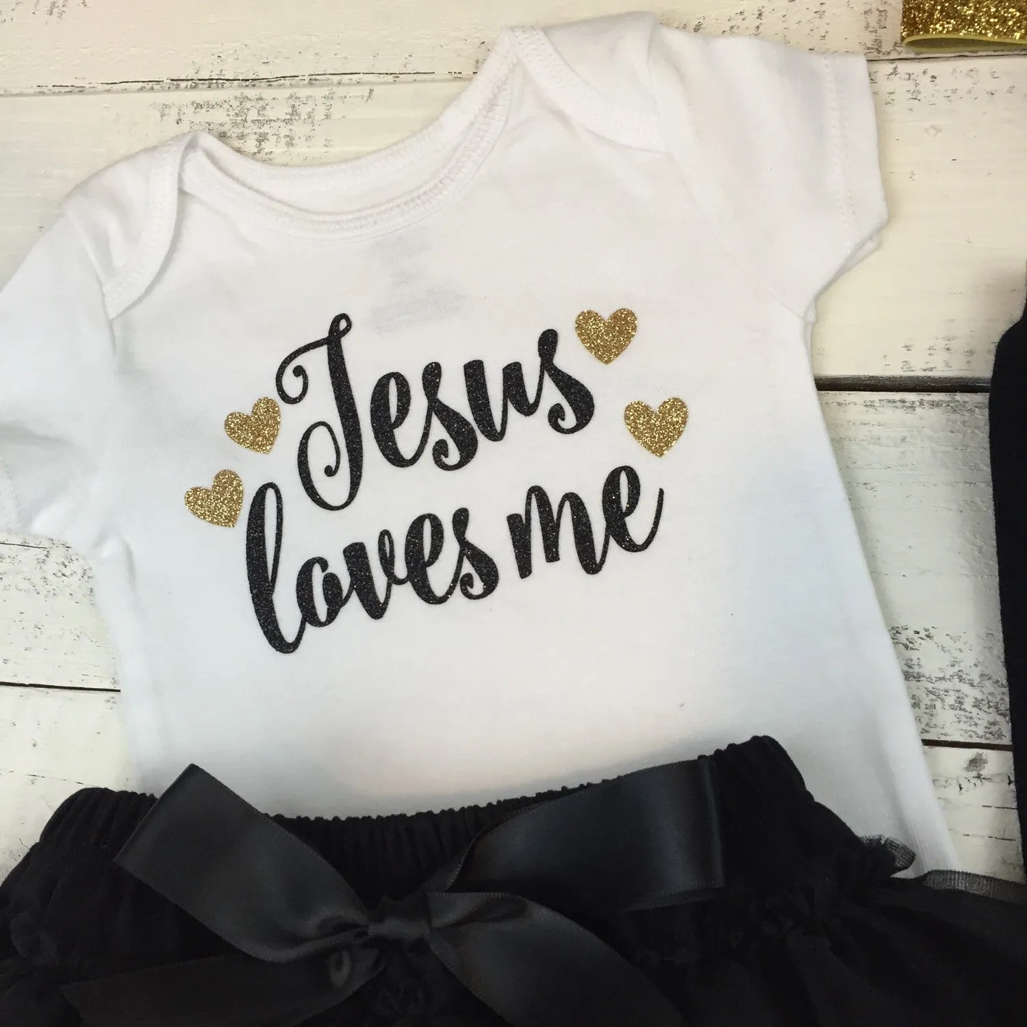 Jesus loves me - Black and Gold Glitter bodysuit