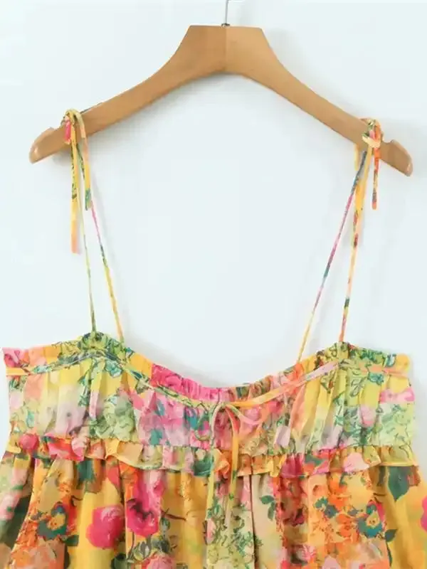 Lace-up French Niche Color-Block Floral Sling Dress With Wooden Ears