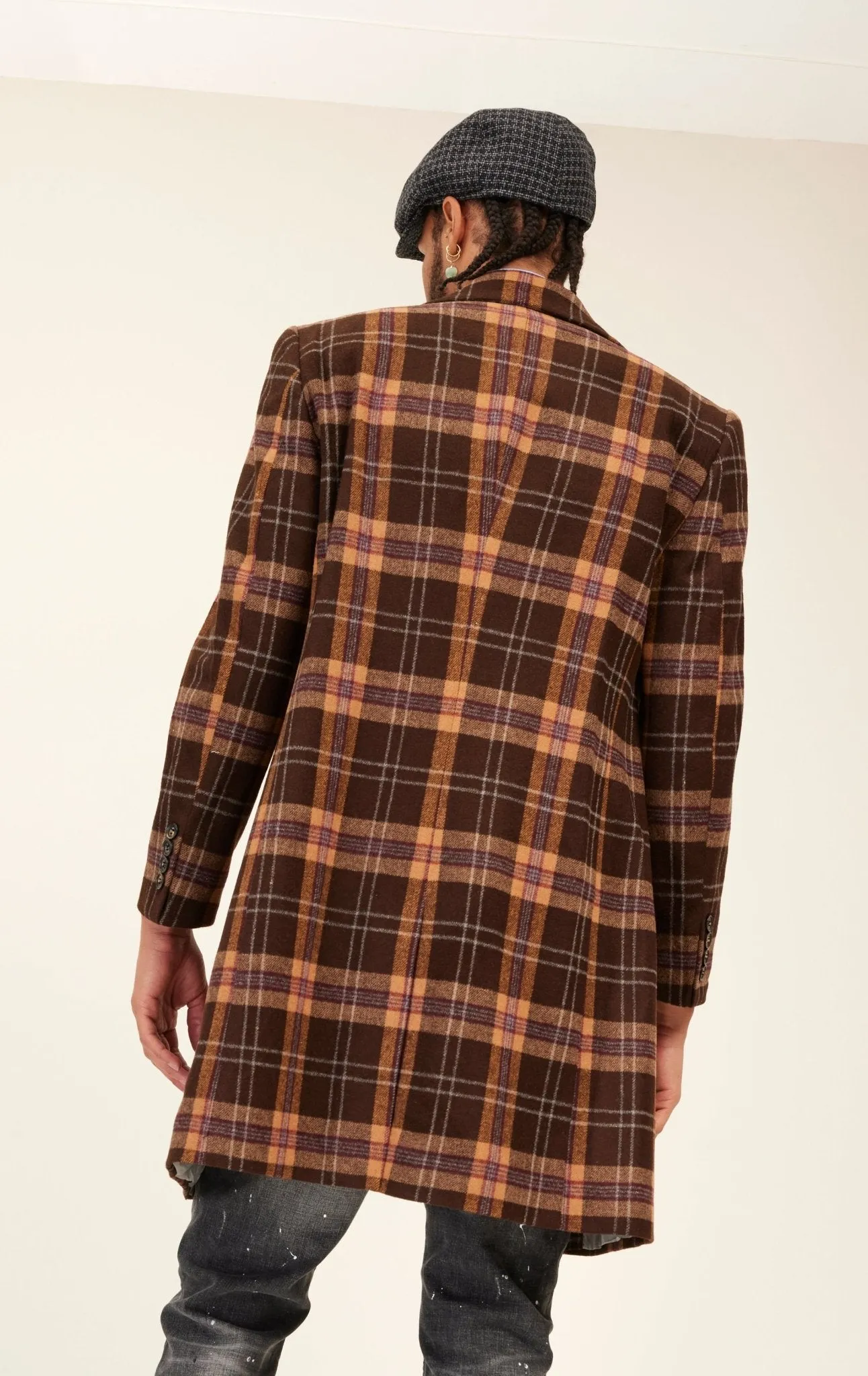 Longline Chesterfield Plaided Coat - Brown