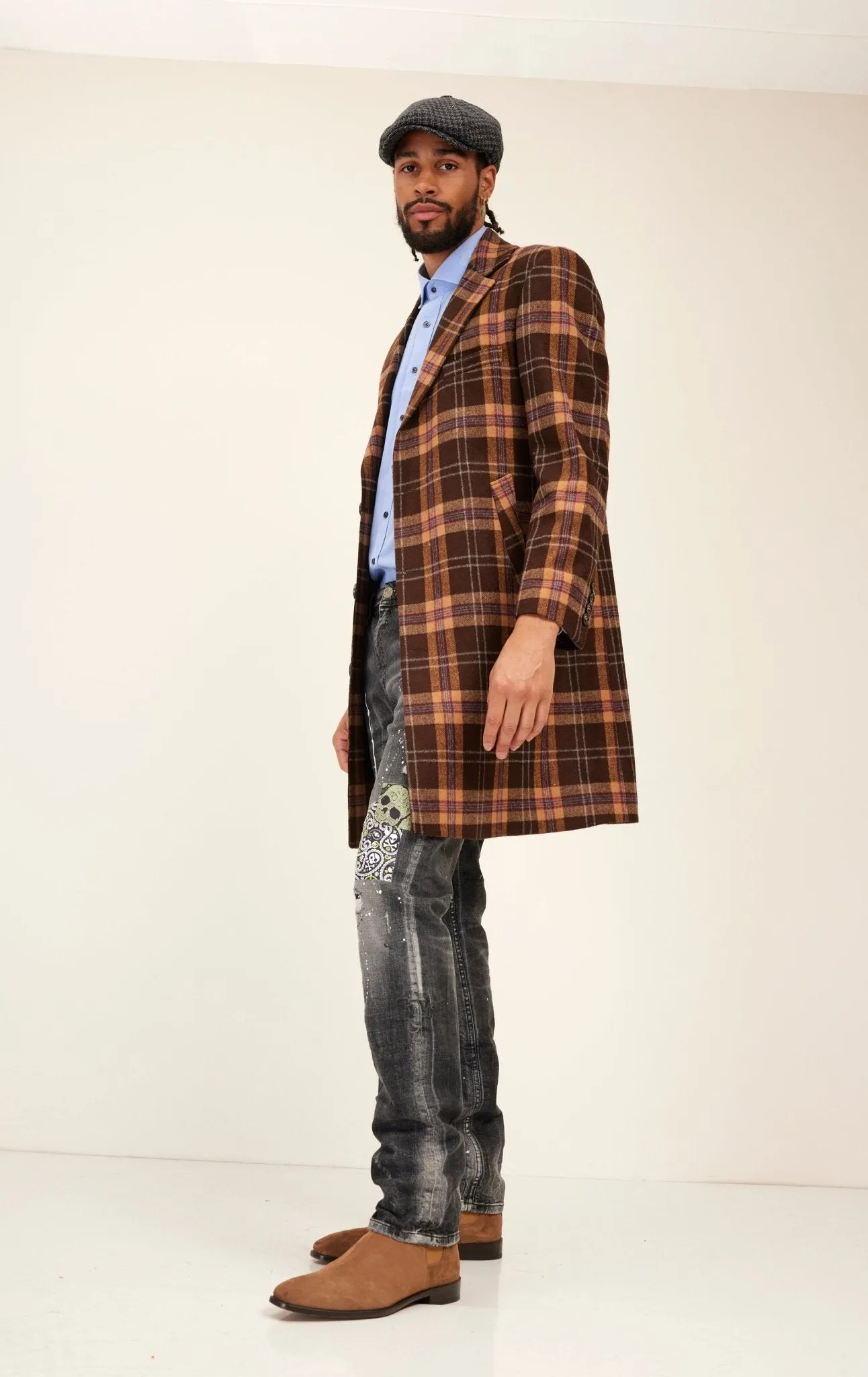 Longline Chesterfield Plaided Coat - Brown