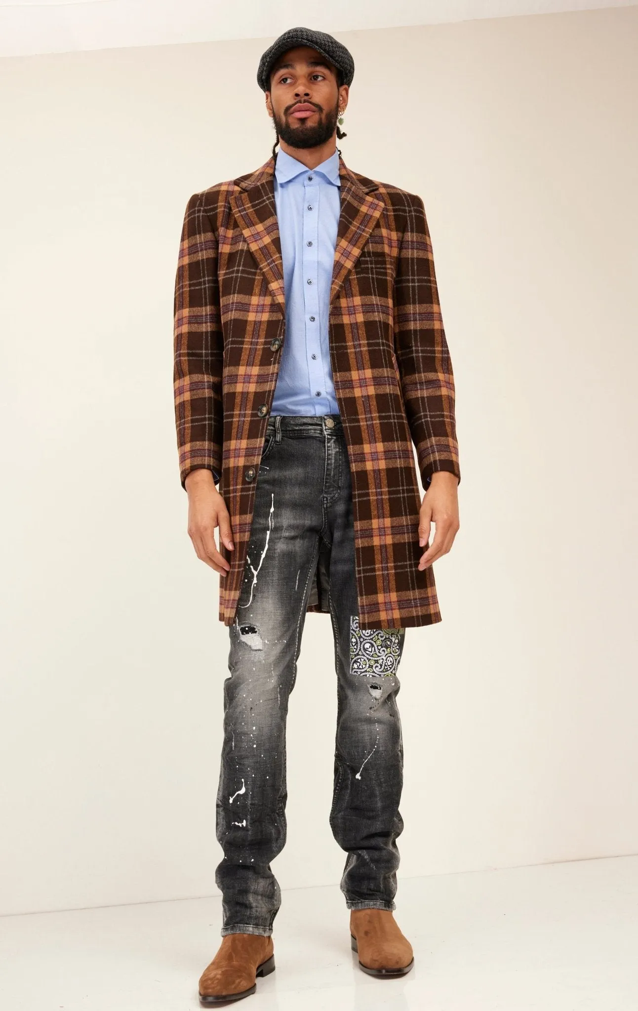 Longline Chesterfield Plaided Coat - Brown