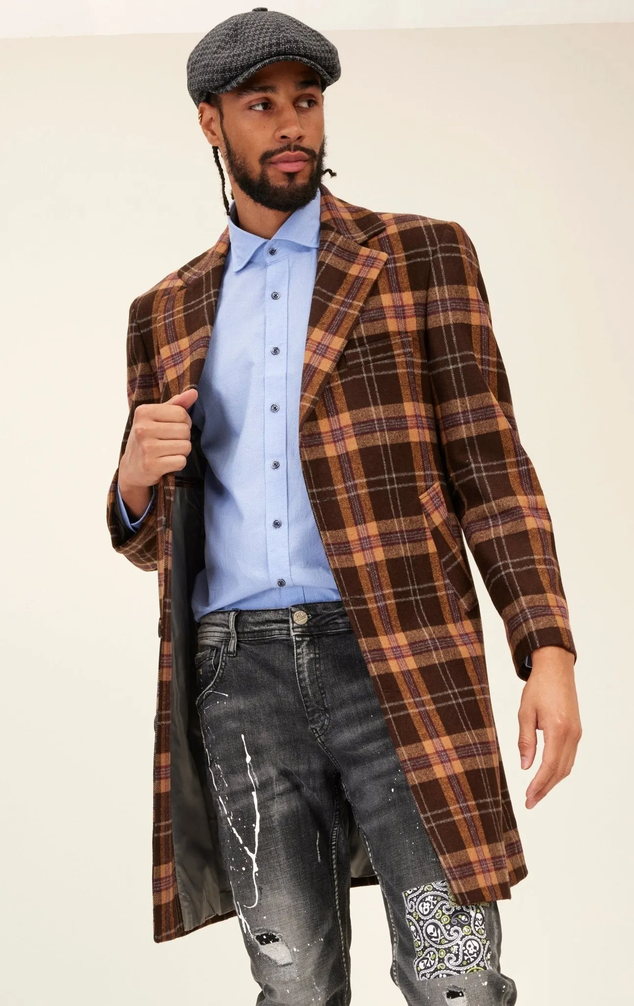 Longline Chesterfield Plaided Coat - Brown
