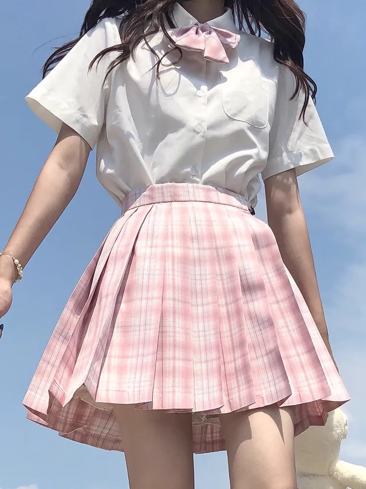 Plaid Pink Cherry Blossom Sakura Japanese Student Sailor Uniform Seifuku White Shirt & Skirt & Bow Tie Two Piece Set