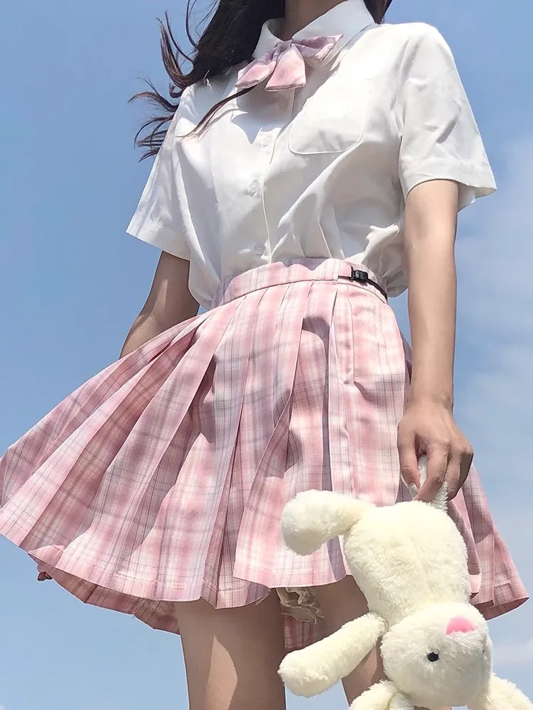 Plaid Pink Cherry Blossom Sakura Japanese Student Sailor Uniform Seifuku White Shirt & Skirt & Bow Tie Two Piece Set
