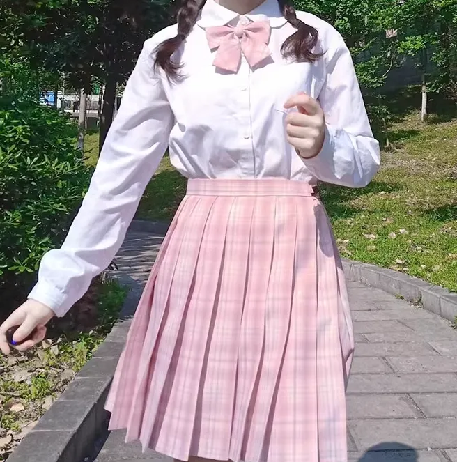 Plaid Pink Cherry Blossom Sakura Japanese Student Sailor Uniform Seifuku White Shirt & Skirt & Bow Tie Two Piece Set