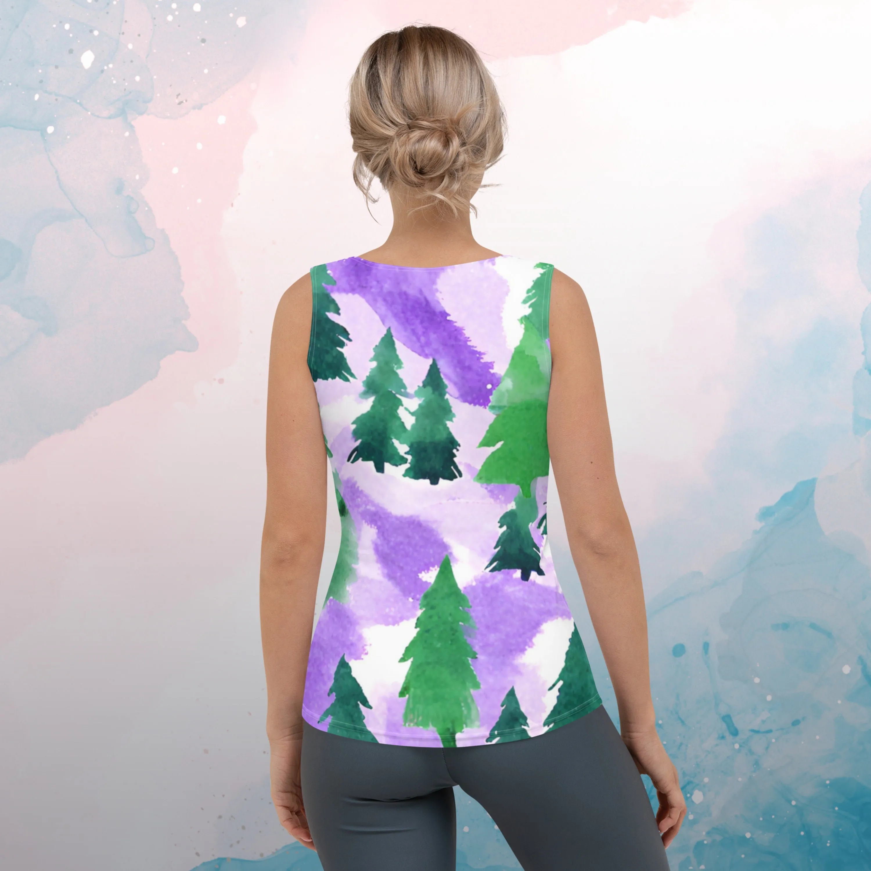 Purple Clouds and Pine Tree Forest Sublimation Tank Top
