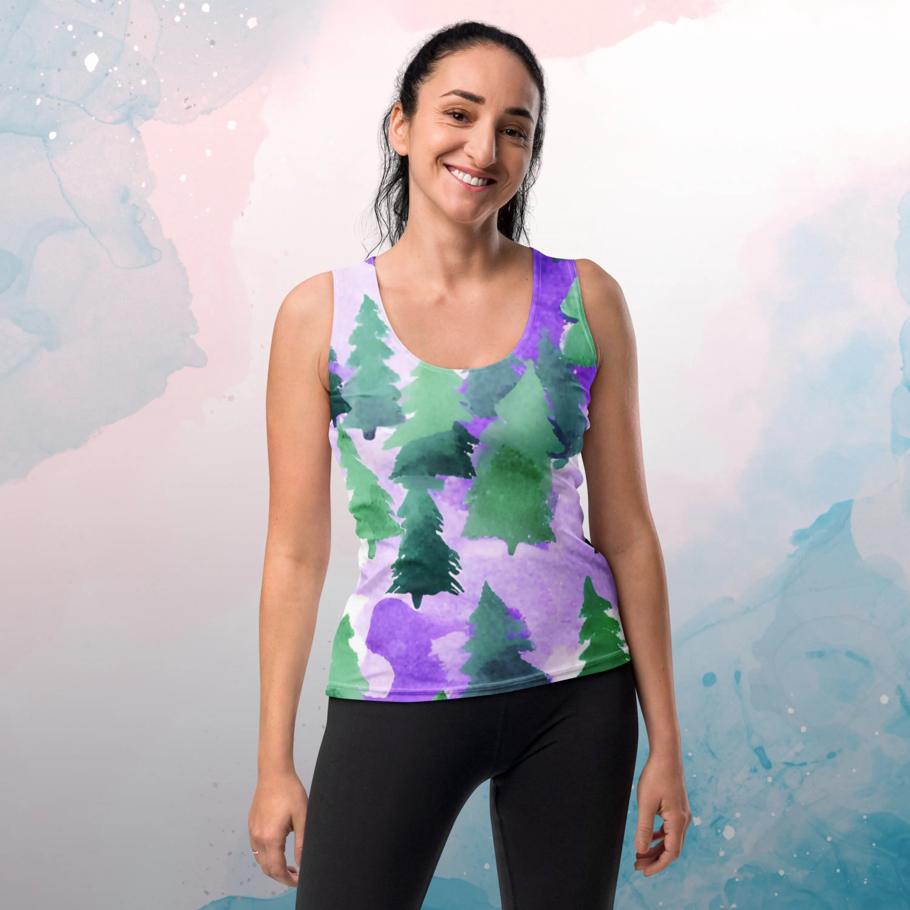 Purple Clouds and Pine Tree Forest Sublimation Tank Top