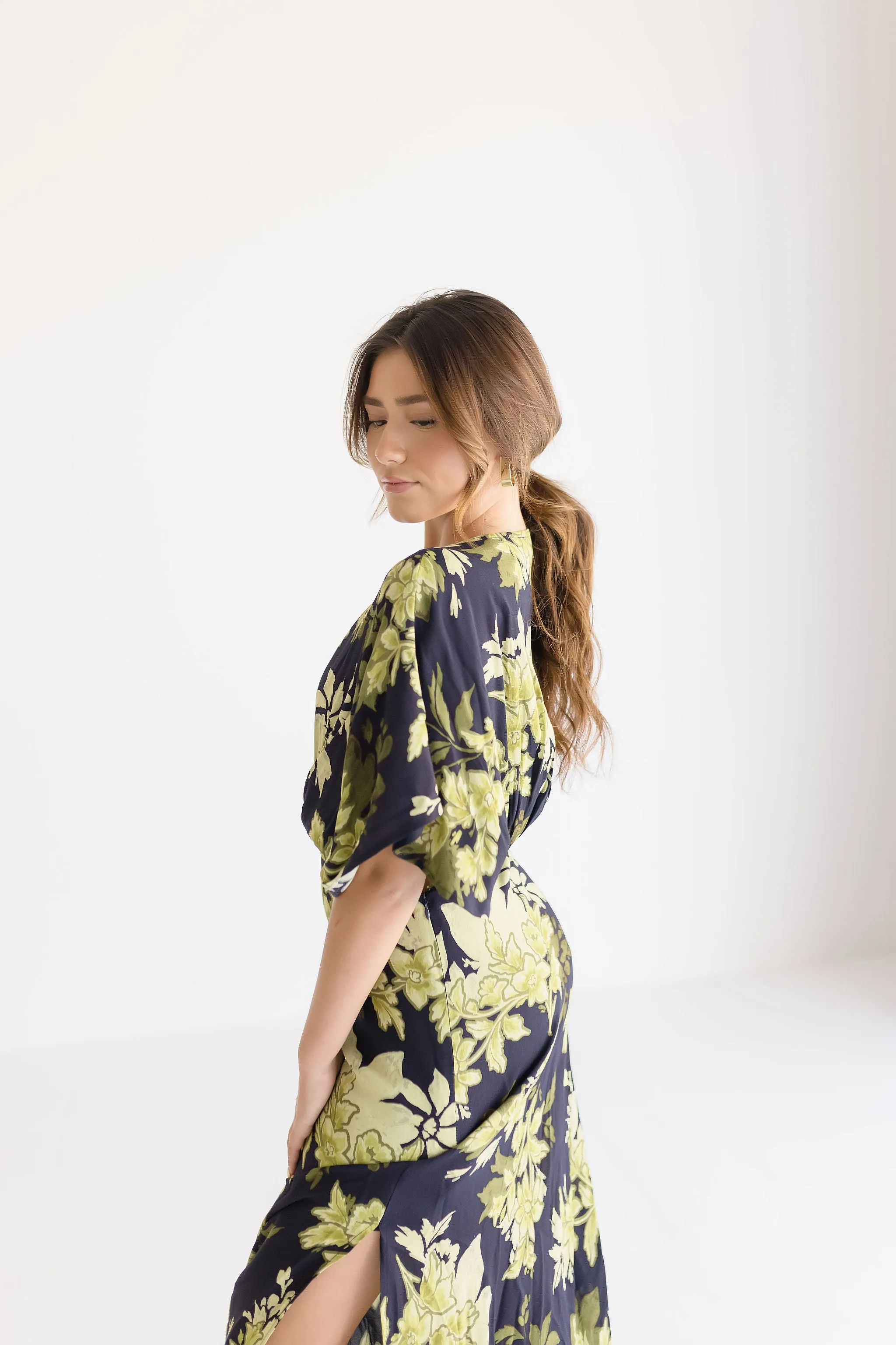 Ryker Kimono Sleeve Floral Print Maxi Dress Black