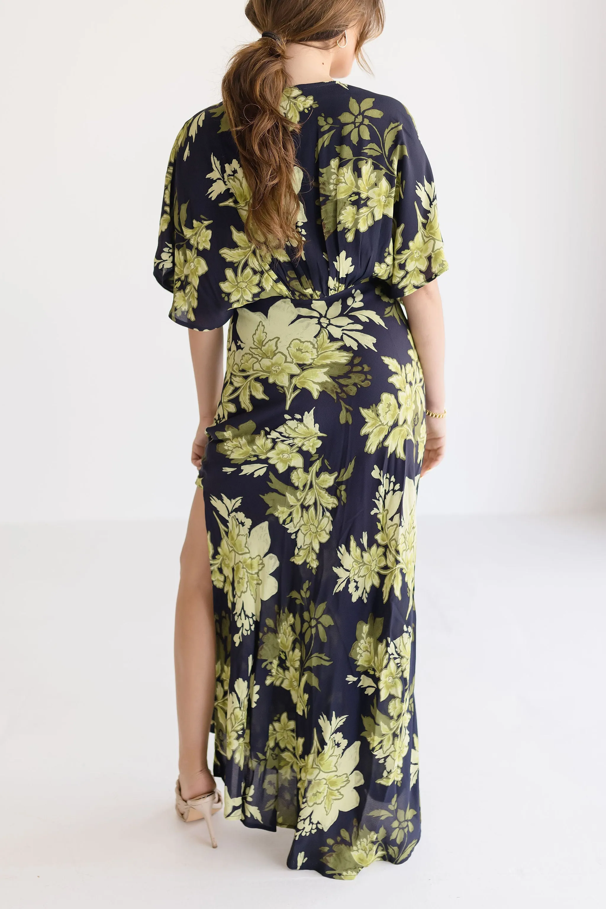 Ryker Kimono Sleeve Floral Print Maxi Dress Black
