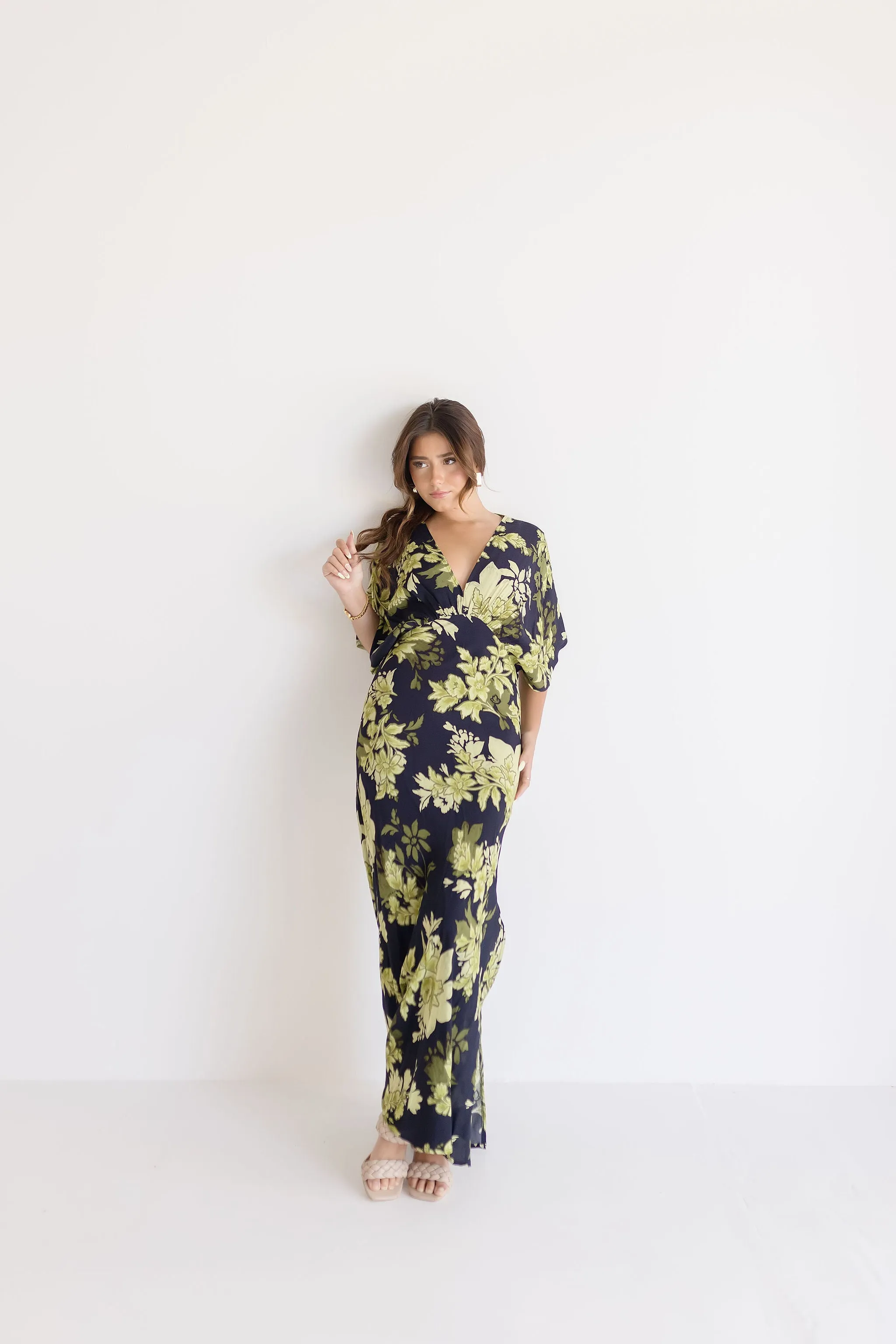 Ryker Kimono Sleeve Floral Print Maxi Dress Black