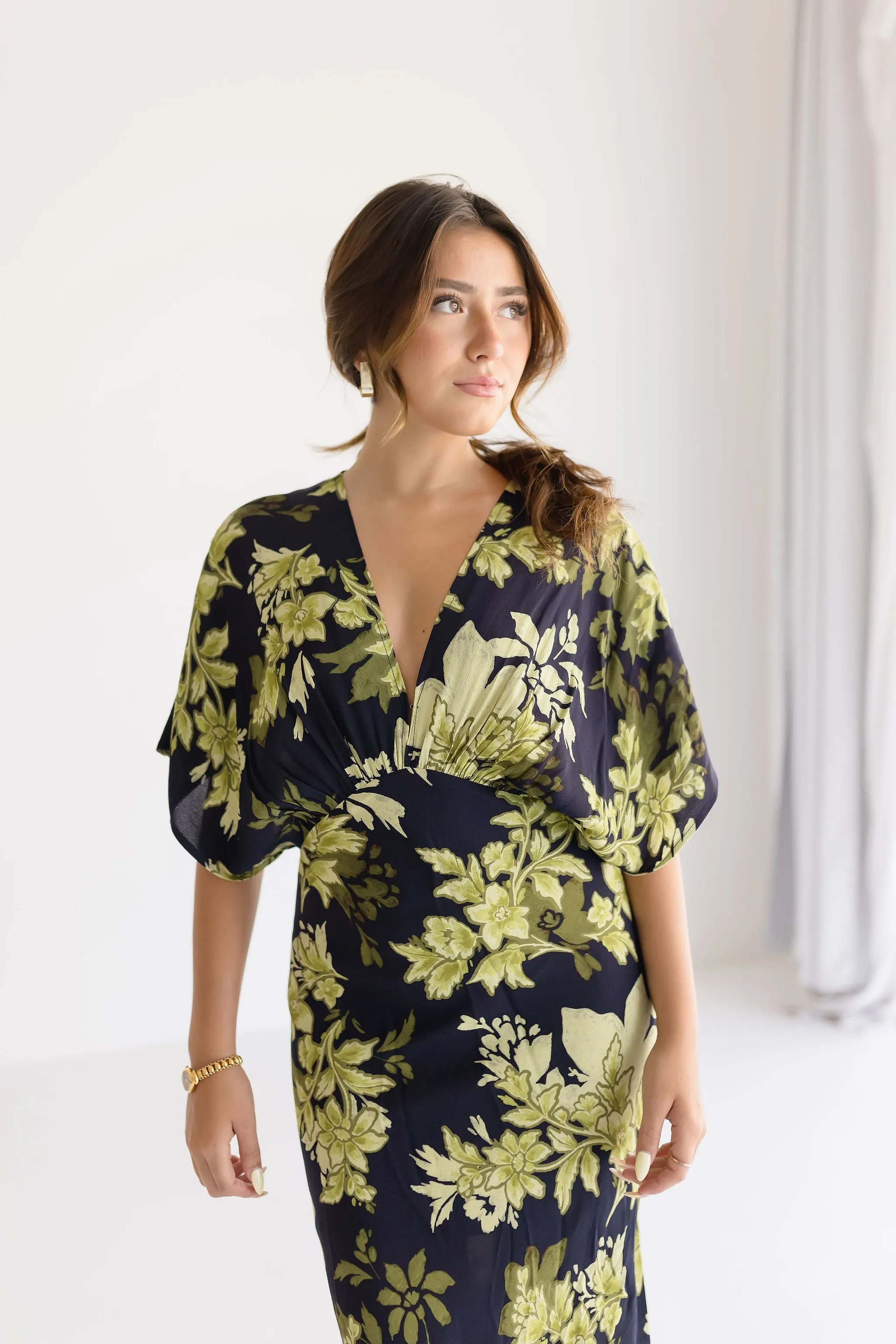 Ryker Kimono Sleeve Floral Print Maxi Dress Black