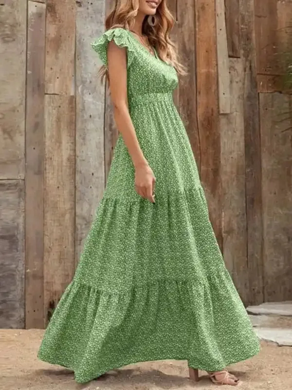 Spring new fashion women’s V-neck long skirt waist floral print large swing dress