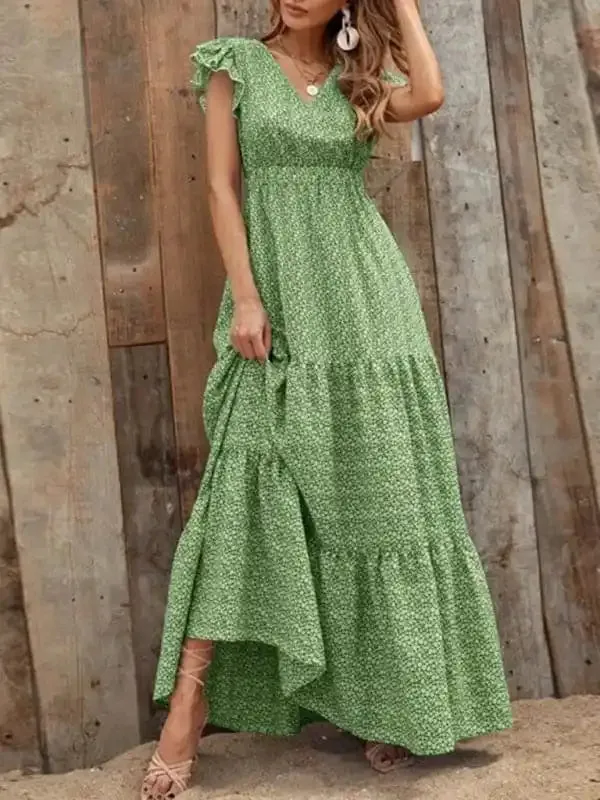Spring new fashion women’s V-neck long skirt waist floral print large swing dress