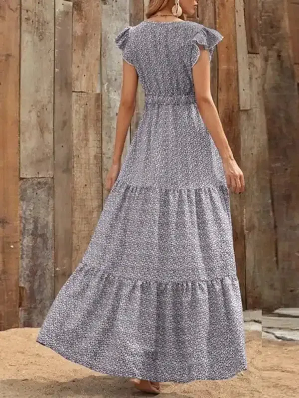 Spring new fashion women’s V-neck long skirt waist floral print large swing dress