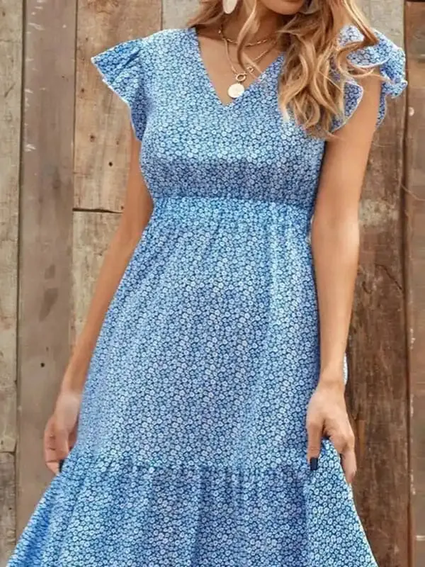 Spring new fashion women’s V-neck long skirt waist floral print large swing dress