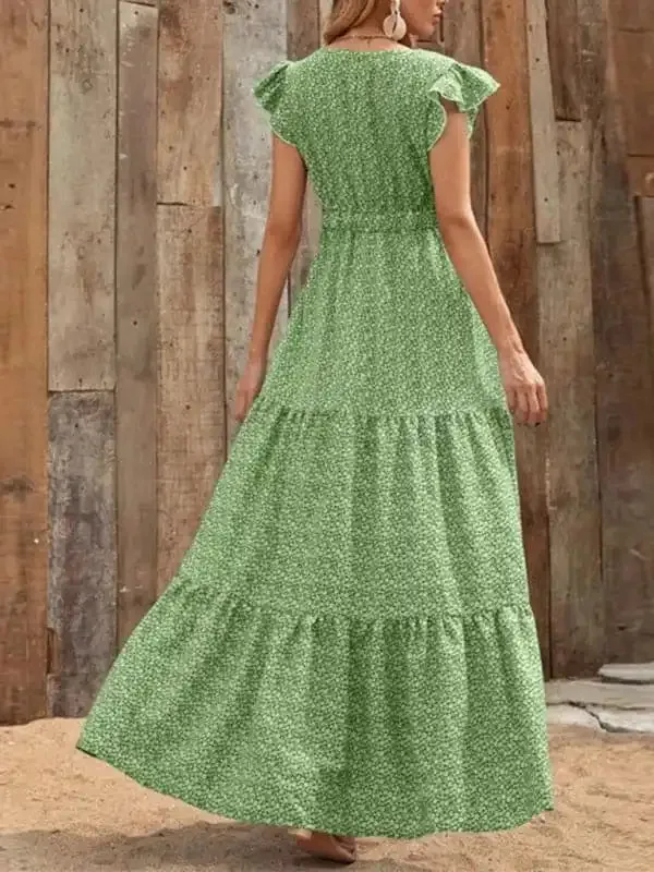 Spring new fashion women’s V-neck long skirt waist floral print large swing dress