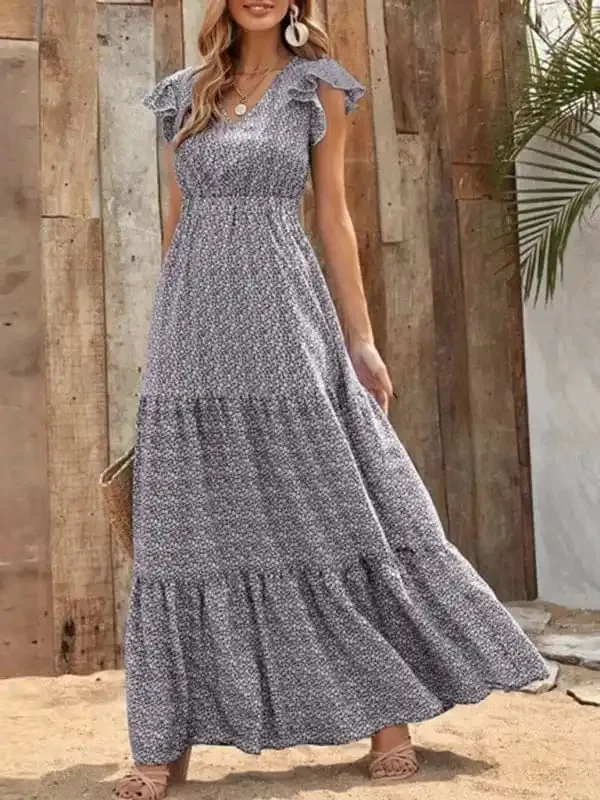 Spring new fashion women’s V-neck long skirt waist floral print large swing dress