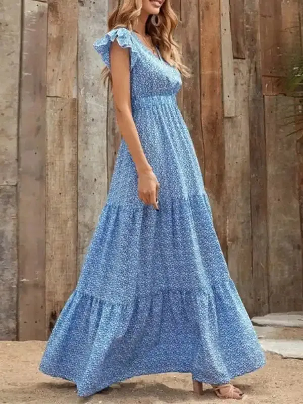 Spring new fashion women’s V-neck long skirt waist floral print large swing dress