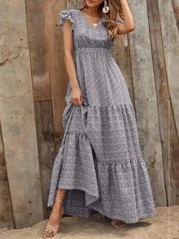 Spring new fashion women’s V-neck long skirt waist floral print large swing dress