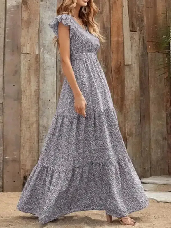 Spring new fashion women’s V-neck long skirt waist floral print large swing dress