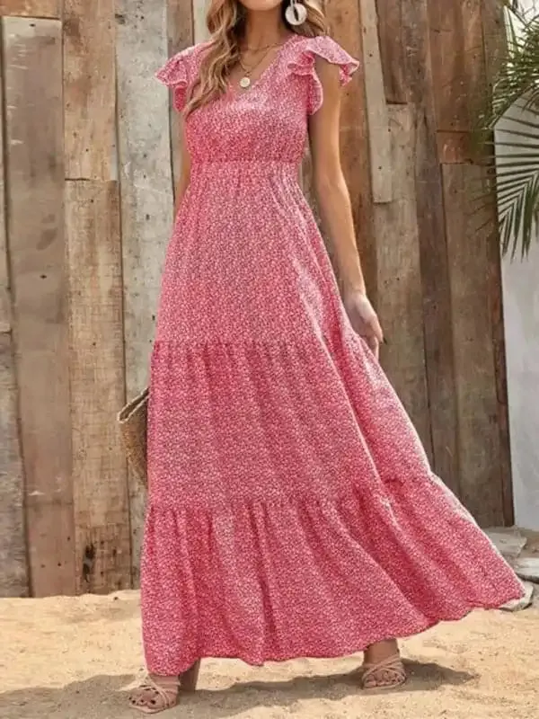 Spring new fashion women’s V-neck long skirt waist floral print large swing dress