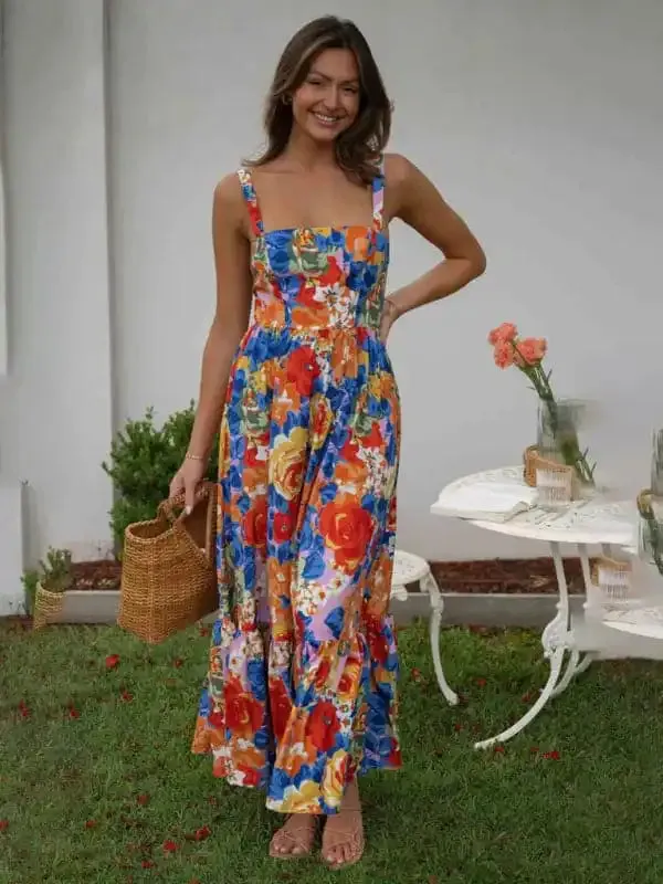 Spring new fashion women’s V-neck long skirt waist floral print large swing dress
