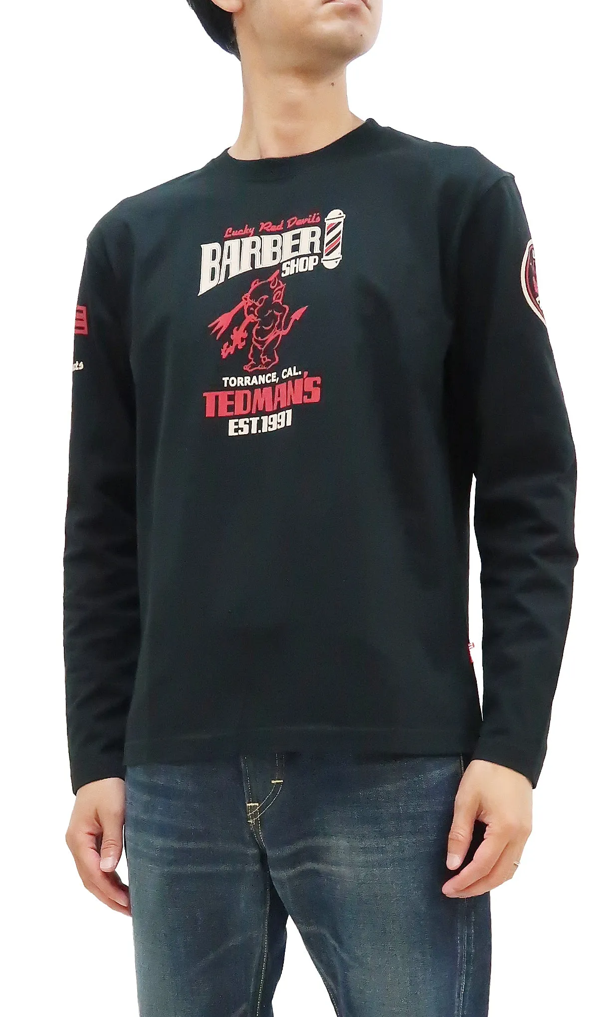 Tedman T-Shirt Men's Lucky Devil Barbershop Graphic Long Sleeve Tee Efu-Shokai TDLS-352 Black