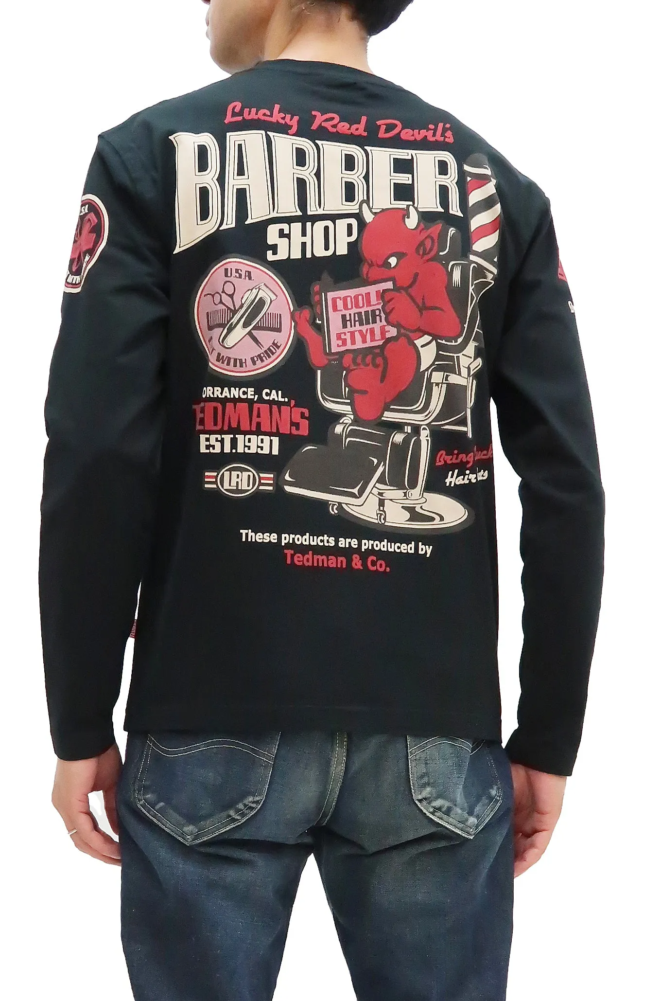 Tedman T-Shirt Men's Lucky Devil Barbershop Graphic Long Sleeve Tee Efu-Shokai TDLS-352 Black