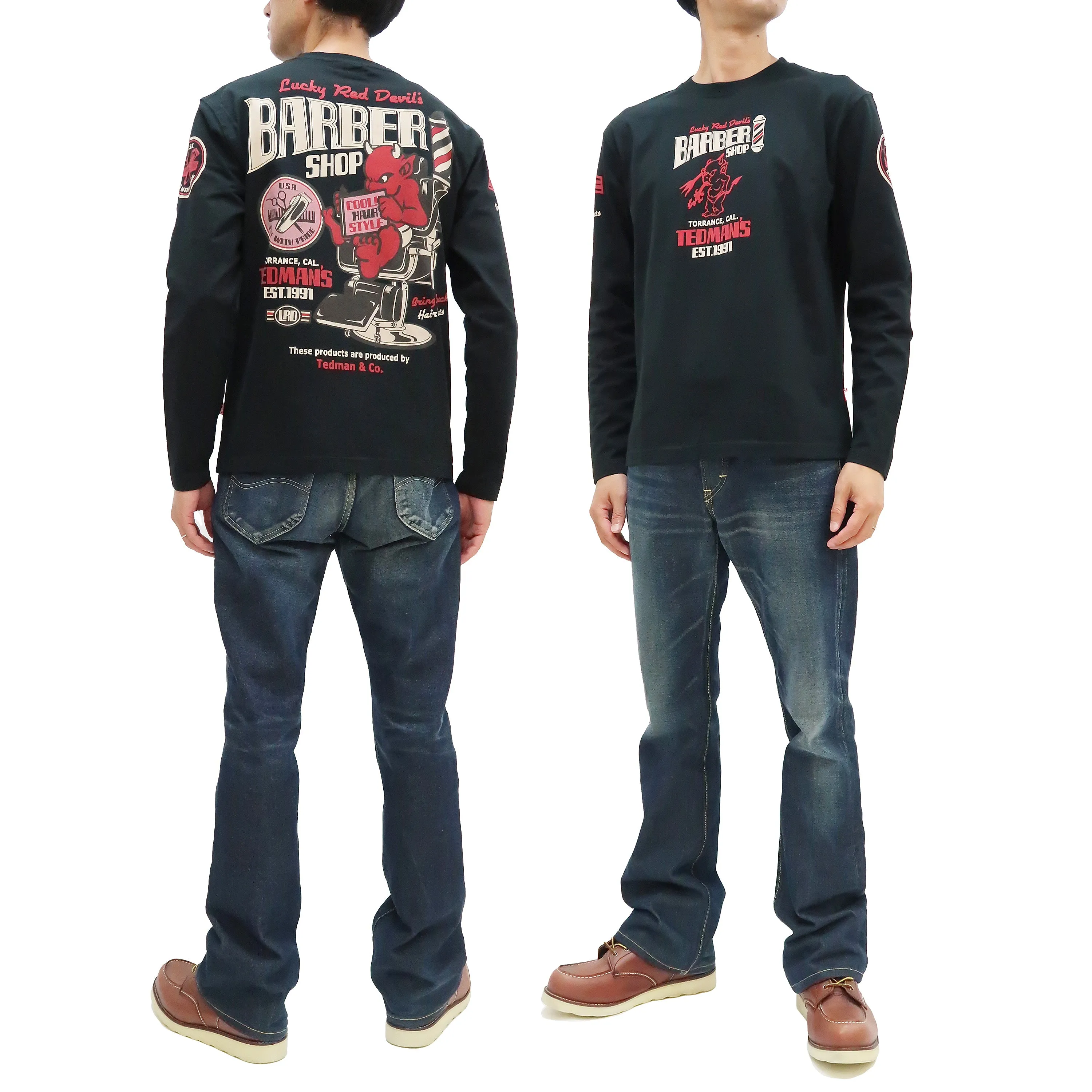 Tedman T-Shirt Men's Lucky Devil Barbershop Graphic Long Sleeve Tee Efu-Shokai TDLS-352 Black