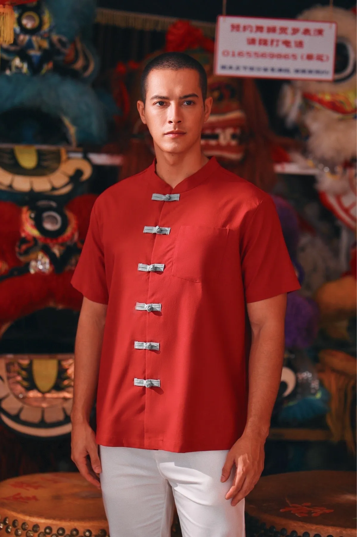 The Chinatown Men Oriental Shirt - Crimson Red