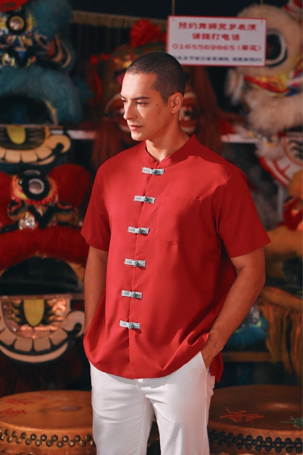 The Chinatown Men Oriental Shirt - Crimson Red