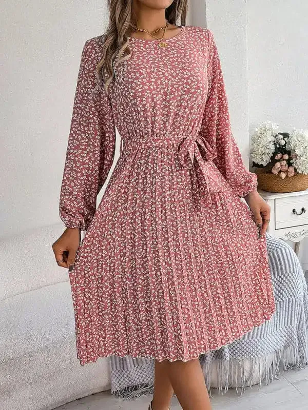 Women’s casual long-sleeved floral large hem pleated dress