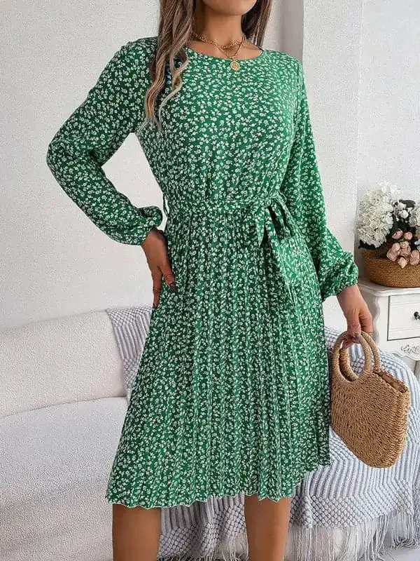 Women’s casual long-sleeved floral large hem pleated dress