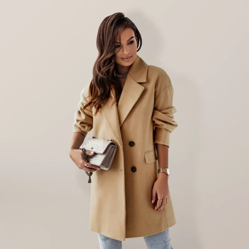 Women's Double-breasted Solid-color Wool Coat