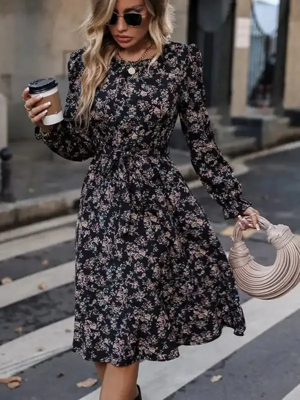 Women’s Elegant Round Neck Floral Belt Dress