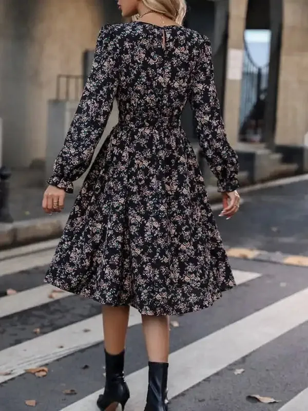 Women’s Elegant Round Neck Floral Belt Dress