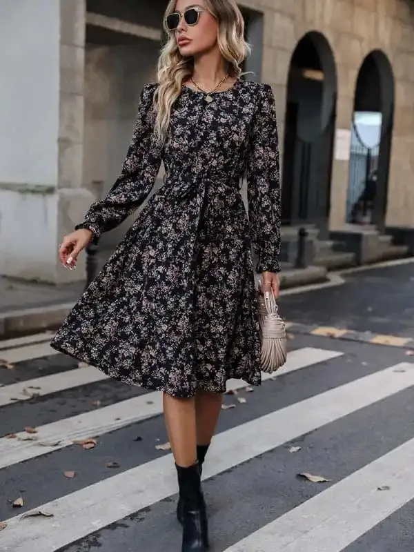 Women’s Elegant Round Neck Floral Belt Dress
