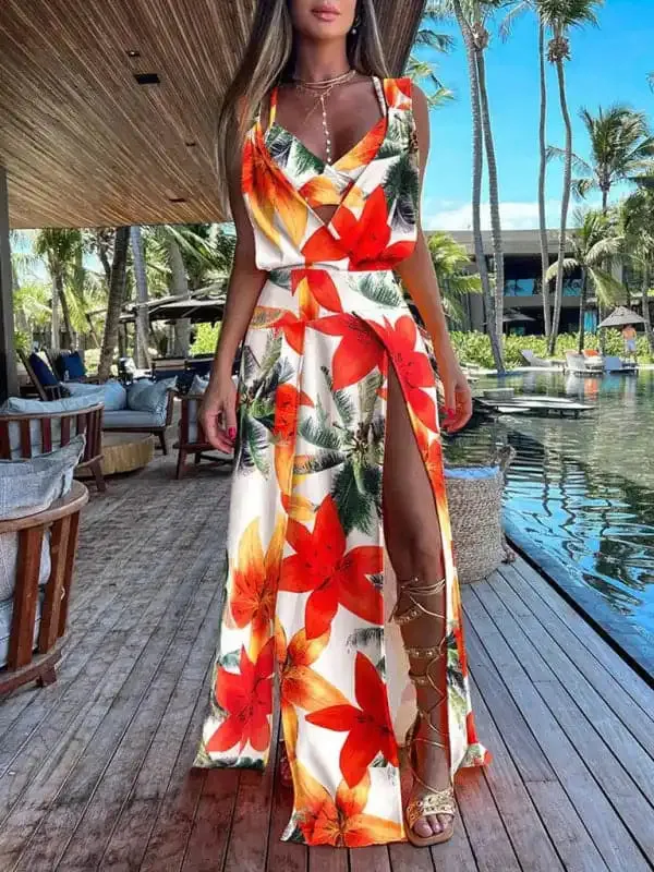 Women’s Floral Faux Wrap Slit Maxi Dress