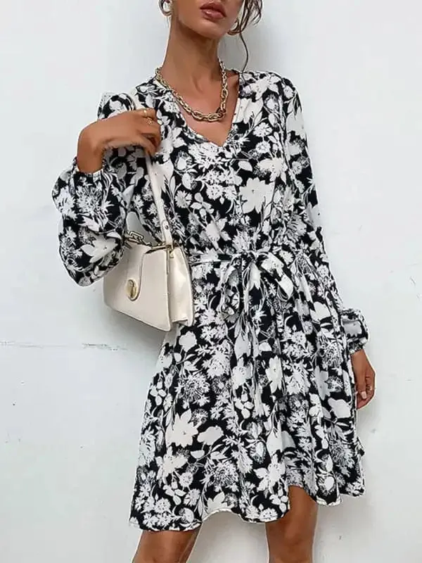 Women’s Floral Print Long-sleeve Fit Waist Tie And Flare Dress