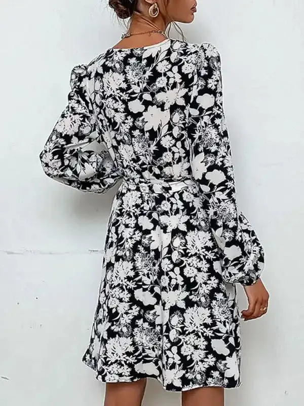 Women’s Floral Print Long-sleeve Fit Waist Tie And Flare Dress