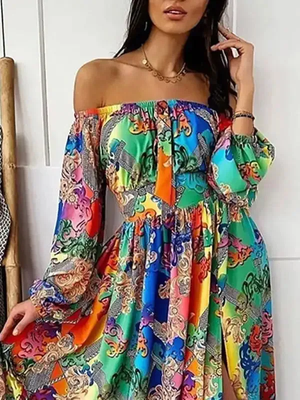 Women’s Floral Print The Shoulder Long Sleeve Maxi Dress