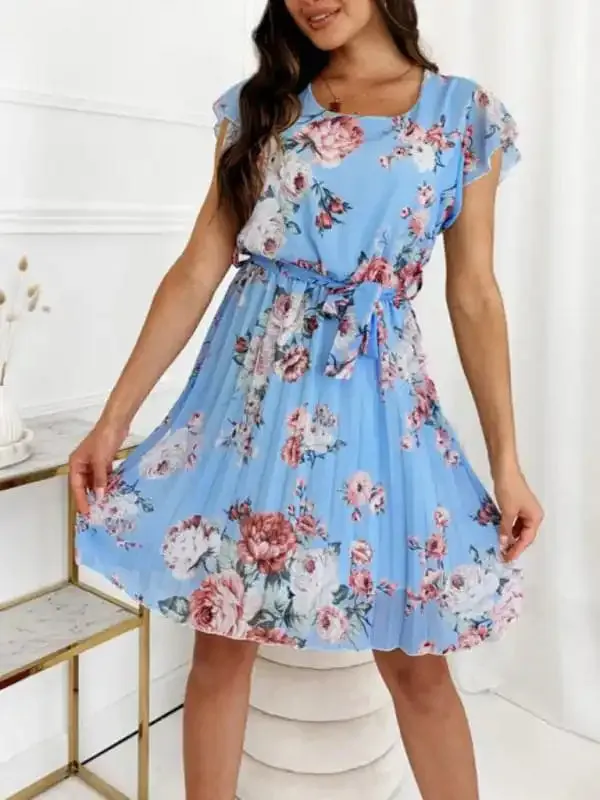 Women’s fluttering sleeve waist floral pleated dress