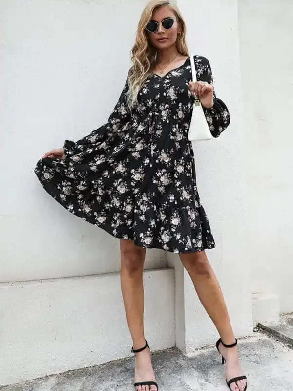 Women’s Printed Long Sleeve V Neck Black Dress
