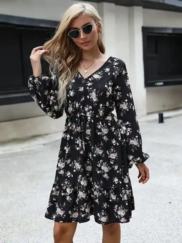 Women’s Printed Long Sleeve V Neck Black Dress