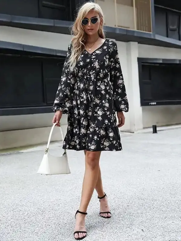 Women’s Printed Long Sleeve V Neck Black Dress