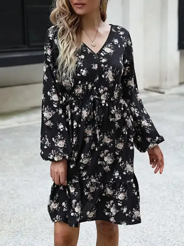 Women’s Printed Long Sleeve V Neck Black Dress
