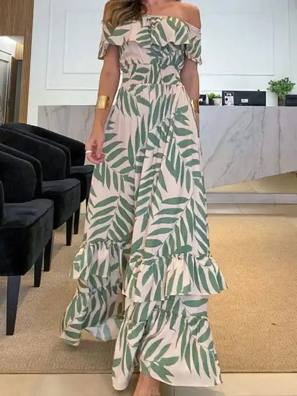 Women’s Printed Ruffle One-Shoulder Maxi Dress